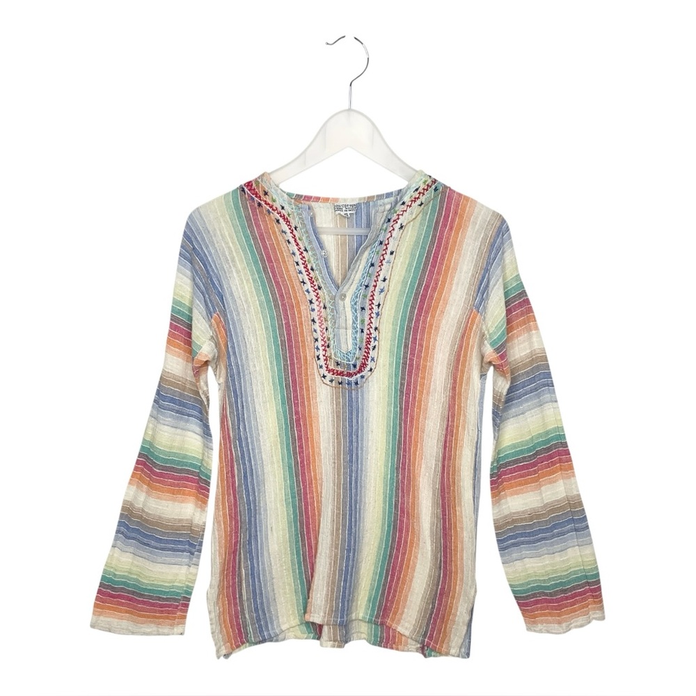 Vintage Handwoven Rainbow Stripe Embroidered Cotton Peasant Blouse Top Size S